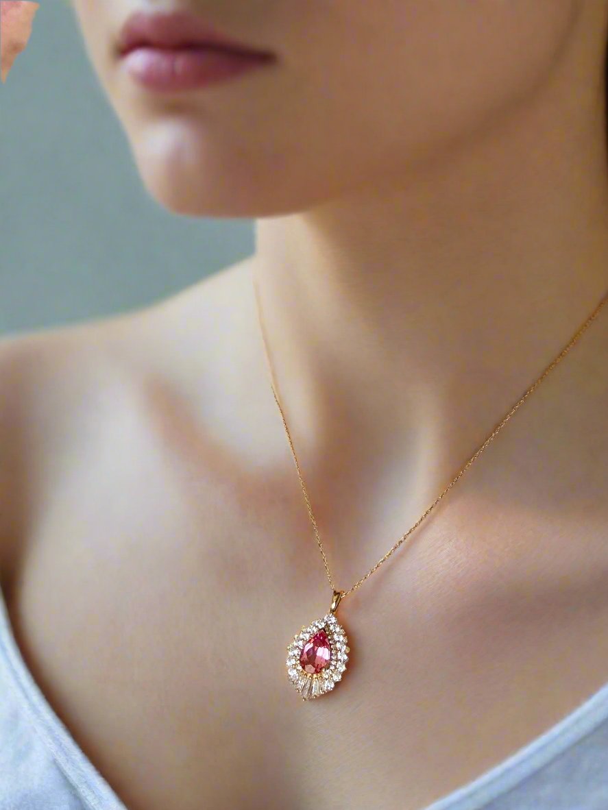 Brighter Days Ahead Necklace - Rubellite with Moissanite Halo in Gold